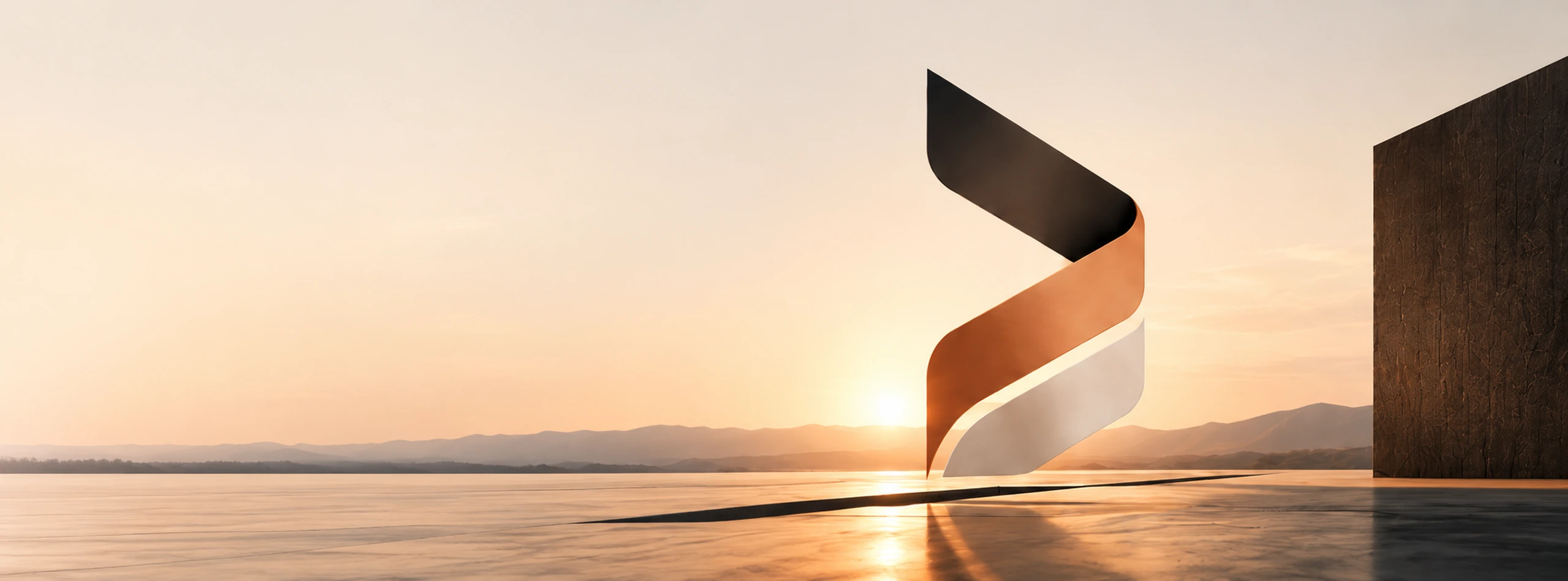 Sculptural ribbon emblem suspended above a reflective plain at golden hour
