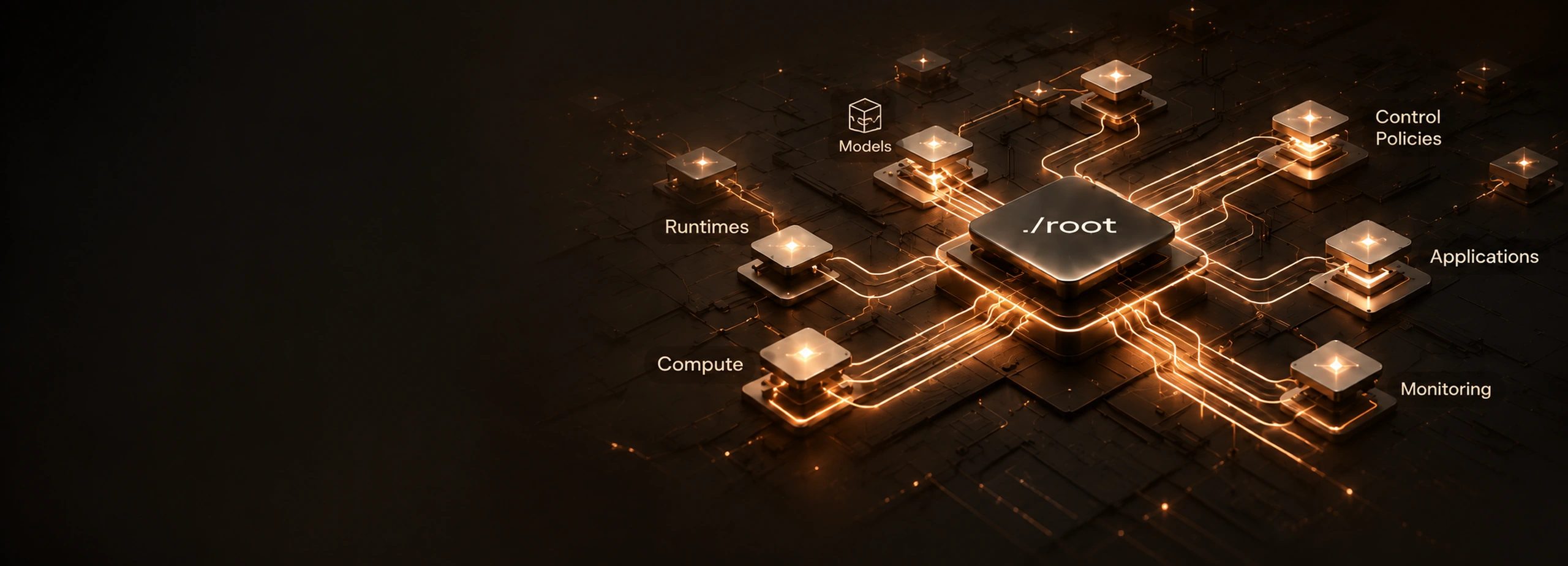 Conceptual illustration of a wide dark computational plane with a central ./root core linked by luminous paths to runtimes, compute, models, control policies, applications and monitoring